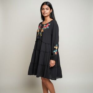 Free People Embroidered Black Tiered Long Sleeve Dress
